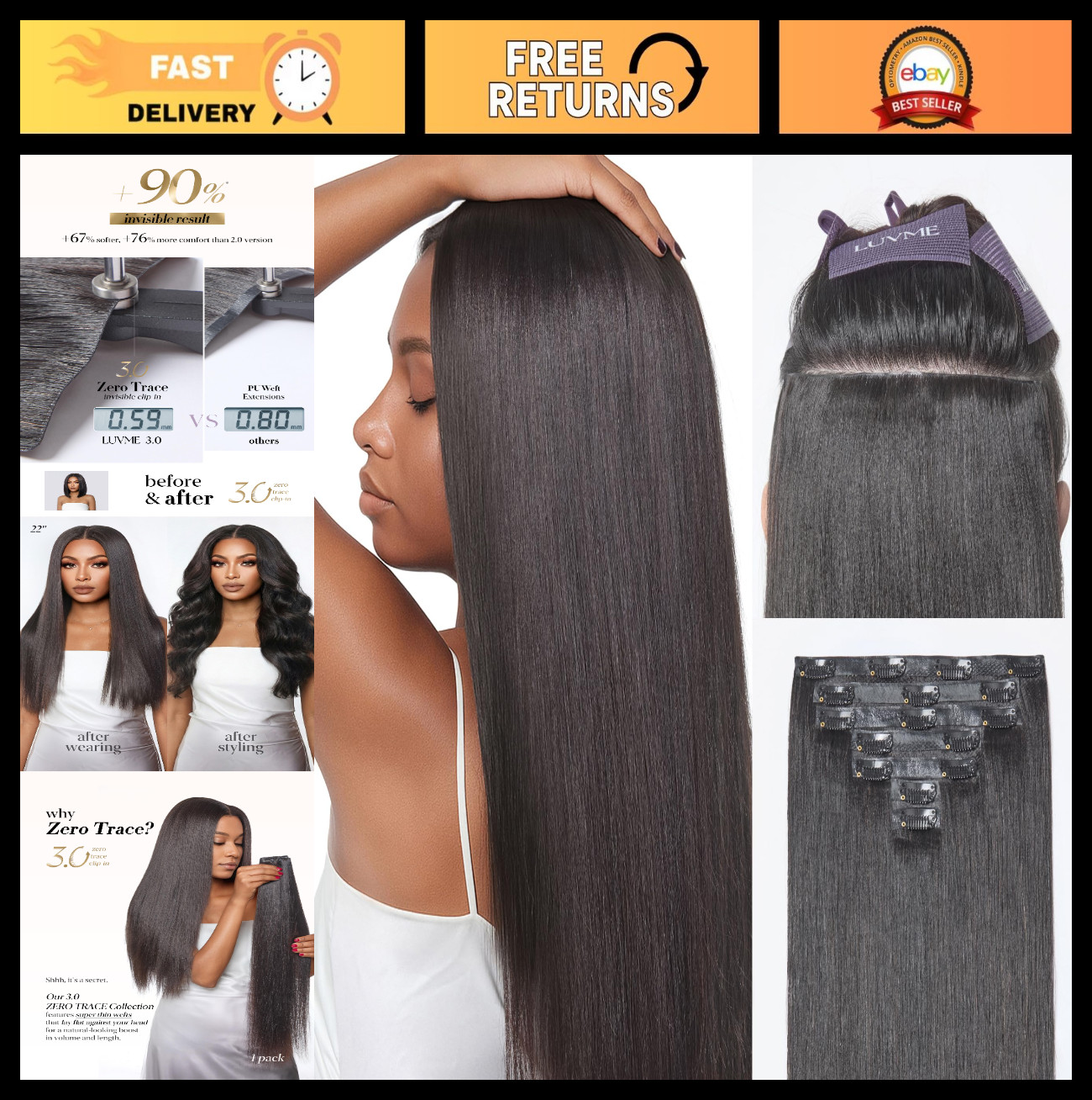 Invisible Clip-In Hair Extensions 20″ Yaki Straight 100g 7 Pcs – Real Human Hair