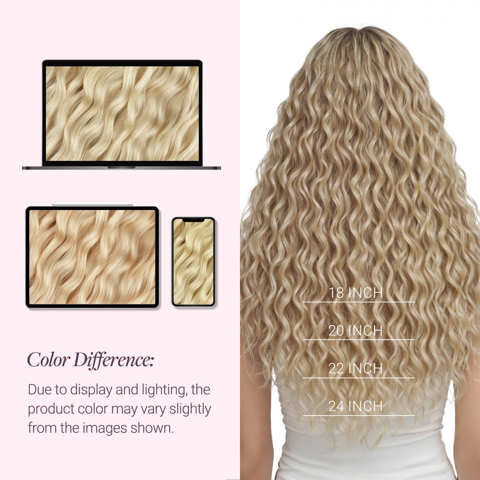 24″ Curly Clip-In Hair Extensions, Real Human Hair, 150g, 9Pcs, Platinum Blonde