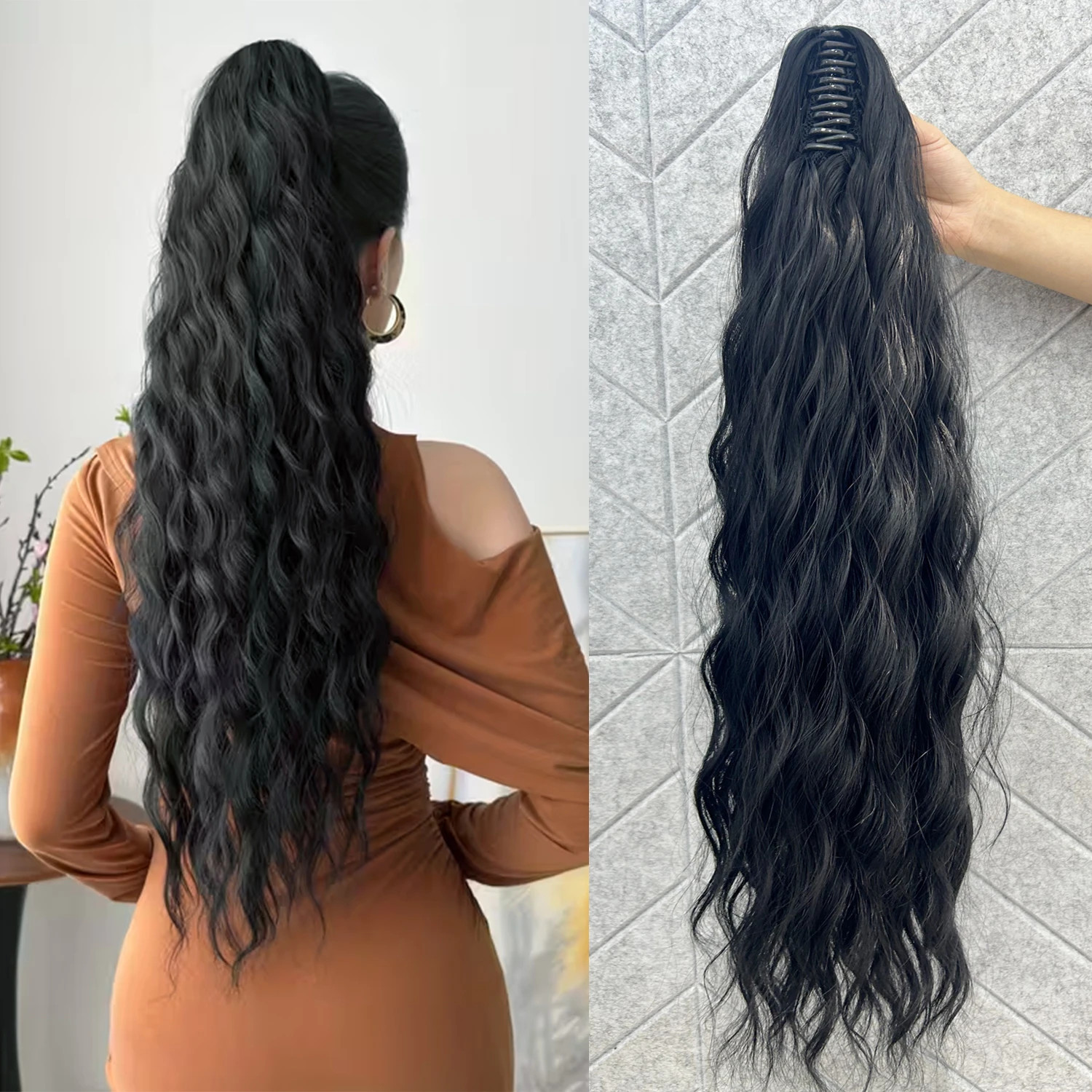 Heat Resistant Fiber Fluffy Messy Water Wave Claw Clip Ponytail Hair Extensions