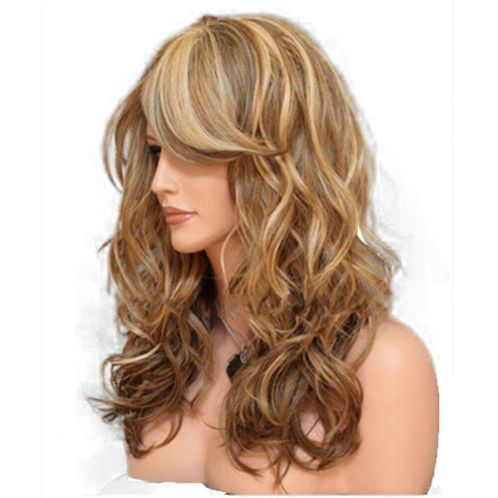 23″ Women Long Blonde Curly Wig Natural Wavy Hair Wigs w/ Bangs Cosplay Party