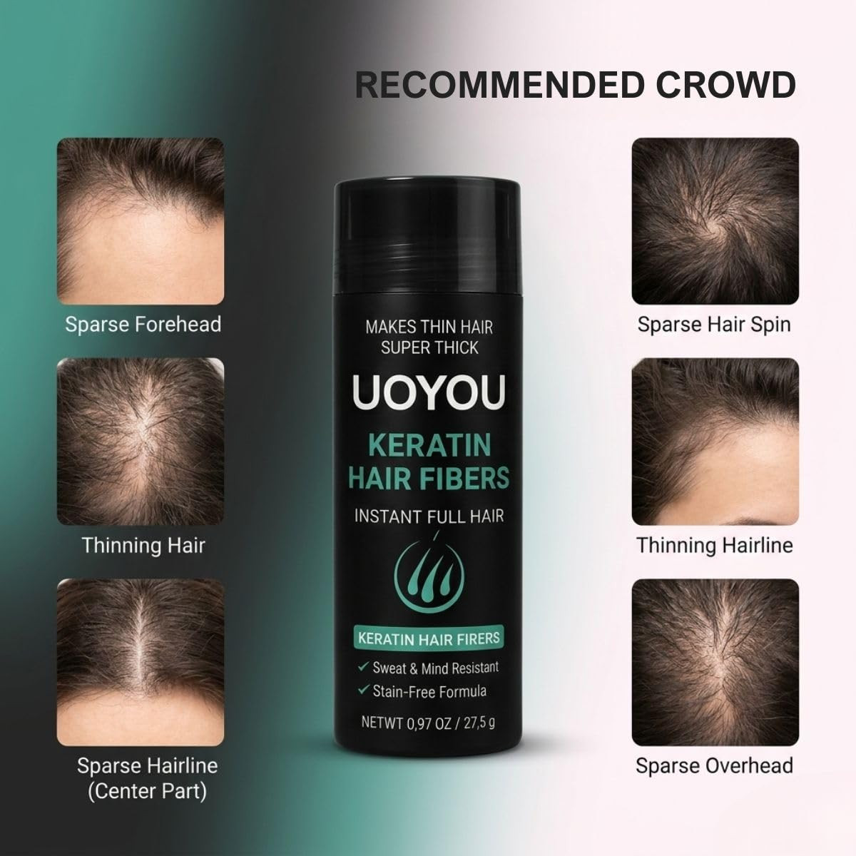BLACK Hair Fibers for Thinning Hair 27.5G Bottle | Undetectable & Natural