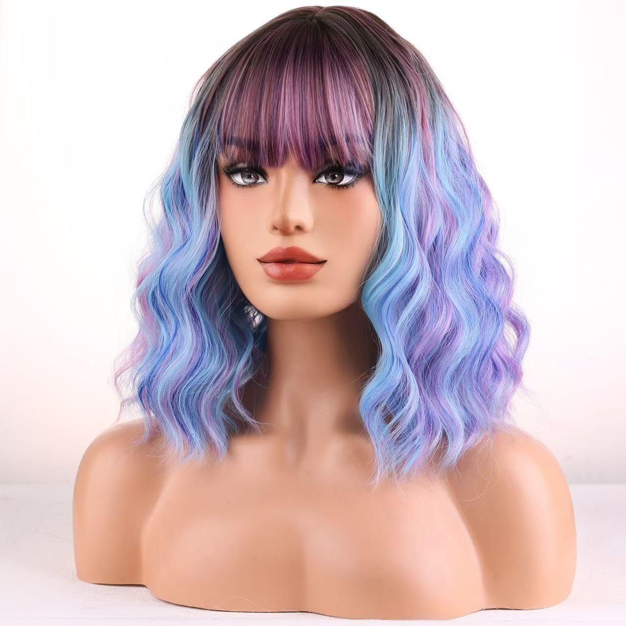 Rainbow Wigs for Women Girls Short Curly Wavy Colorful Wig Short Bob With Bangs