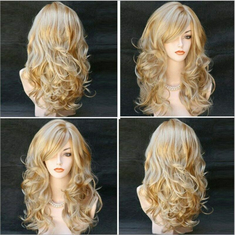 23″ Women Long Blonde Curly Wig Natural Wavy Hair Wigs w/ Bangs Cosplay Party