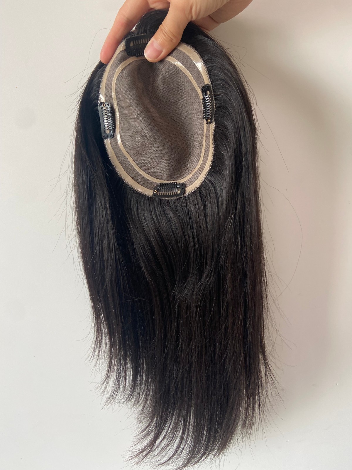 100% HUMAN HAIR CUTICLE INTACT MONO TOPPER 5.5×6.5″ OFF BLACK 14″ LONG FREE PART