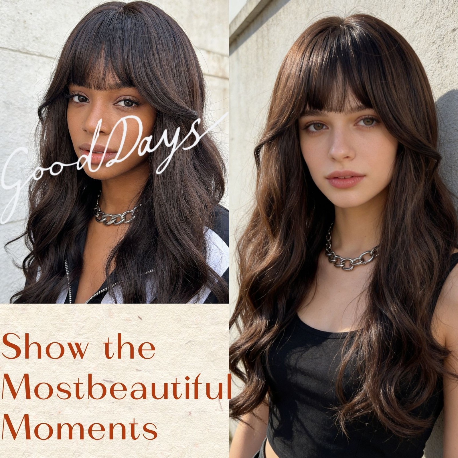 24in Dark Brown Wavy Wig with Bangs Heat Resistant Synthetic Party Wedding