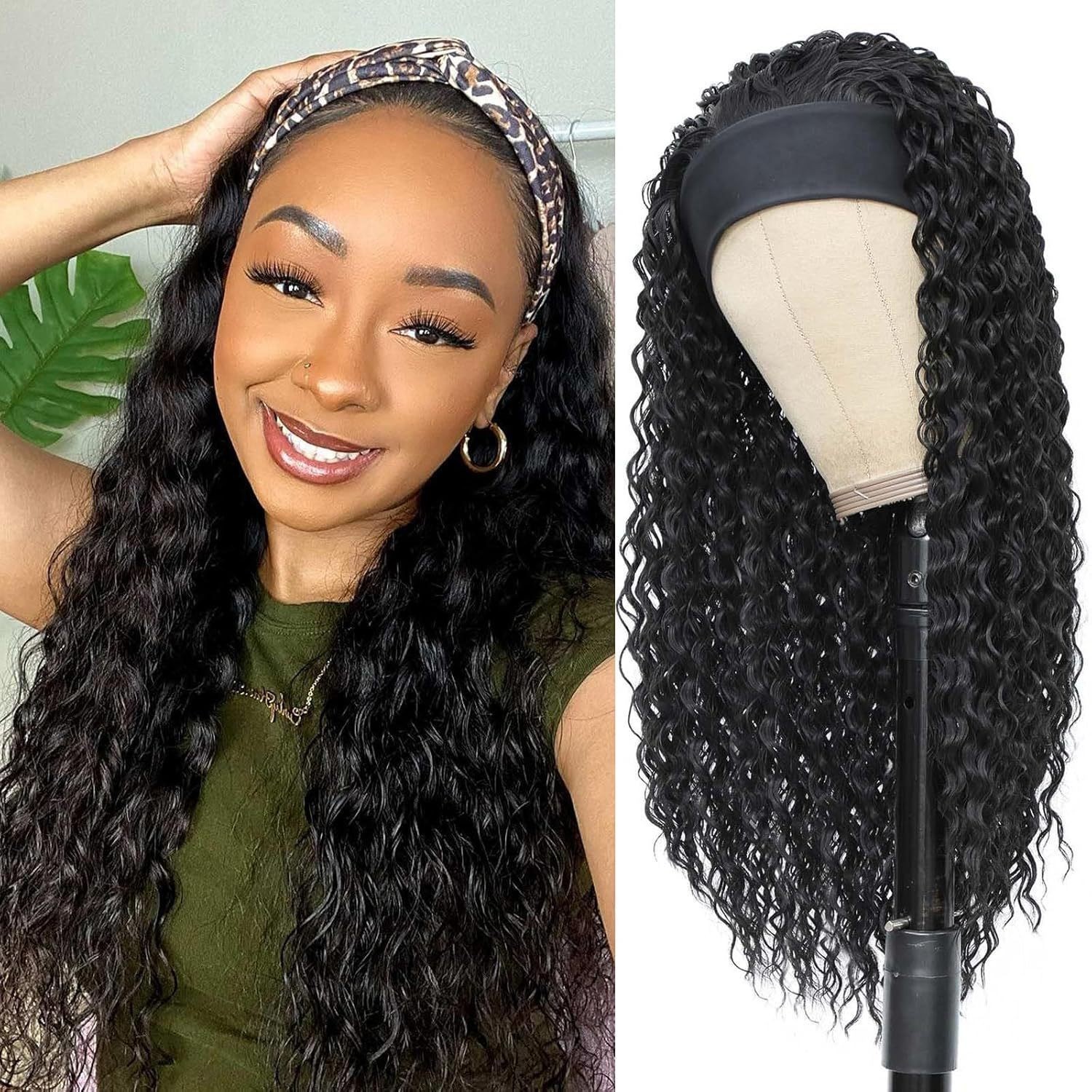 Women Headband Wig Long Curly Black Synthetic Hair Ice Silk Band