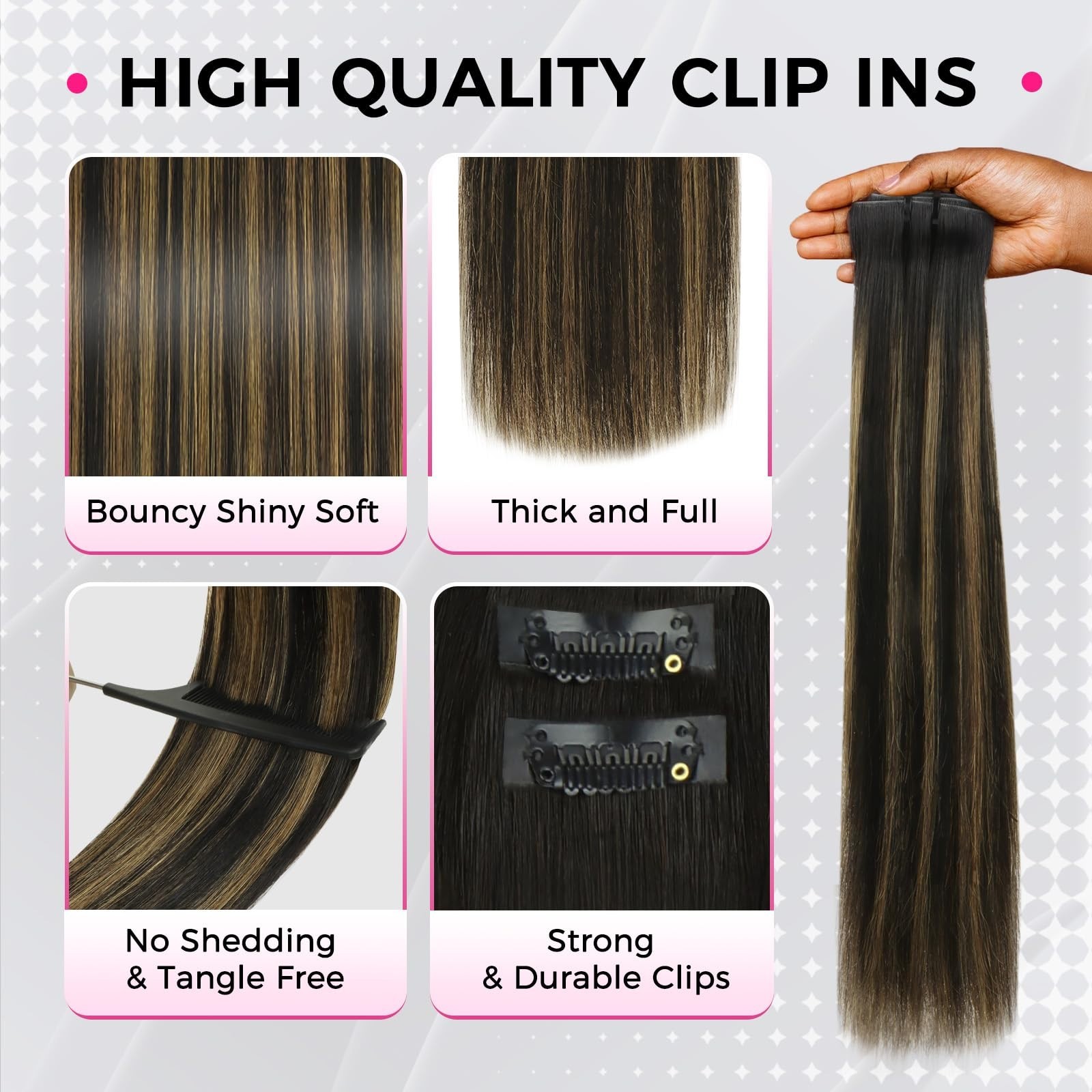 18″ 110g Clip-in Hair Extensions, Seamless PU, Virgin Human Hair, Natural Black