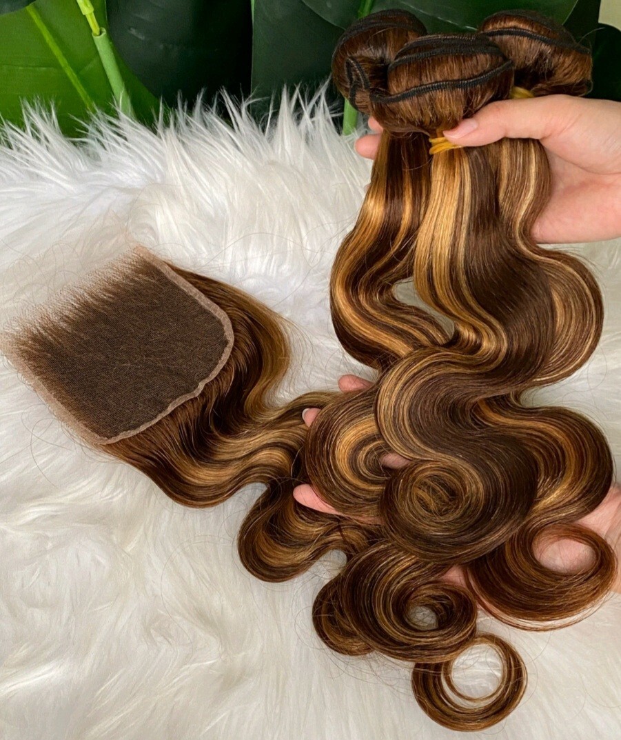 13A p4/27# BALAYAGE BRAZLIAN VIRGIN HUMAN HAIR BODY WAVE 18+18+18&18 HD CLOSURE