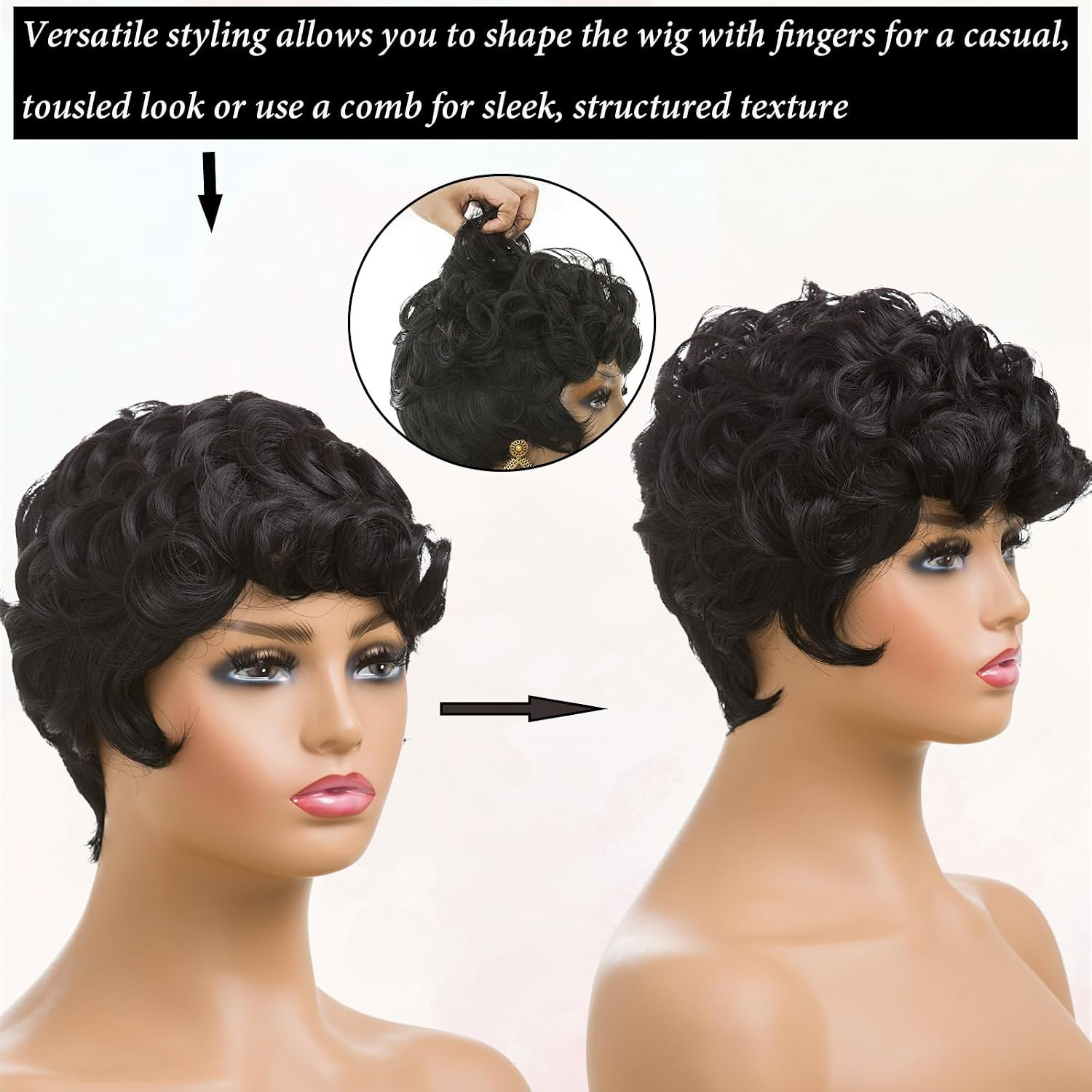 Natural Black Short Pixie Wig with Bangs for Black Women
