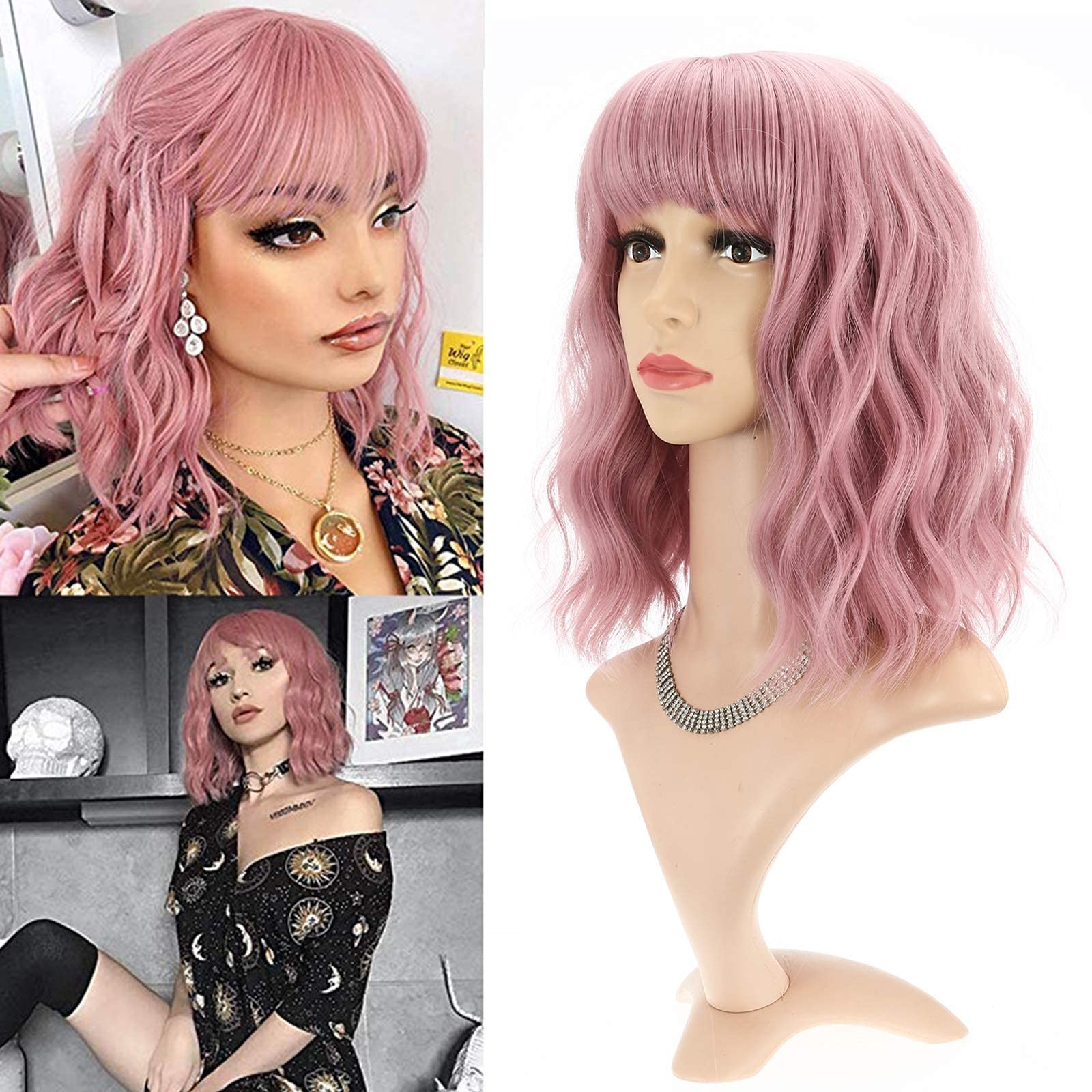 Short Pink Curly Wavy Wig with Bangs – 12″ Synthetic Costume Cosplay Hair for Wo