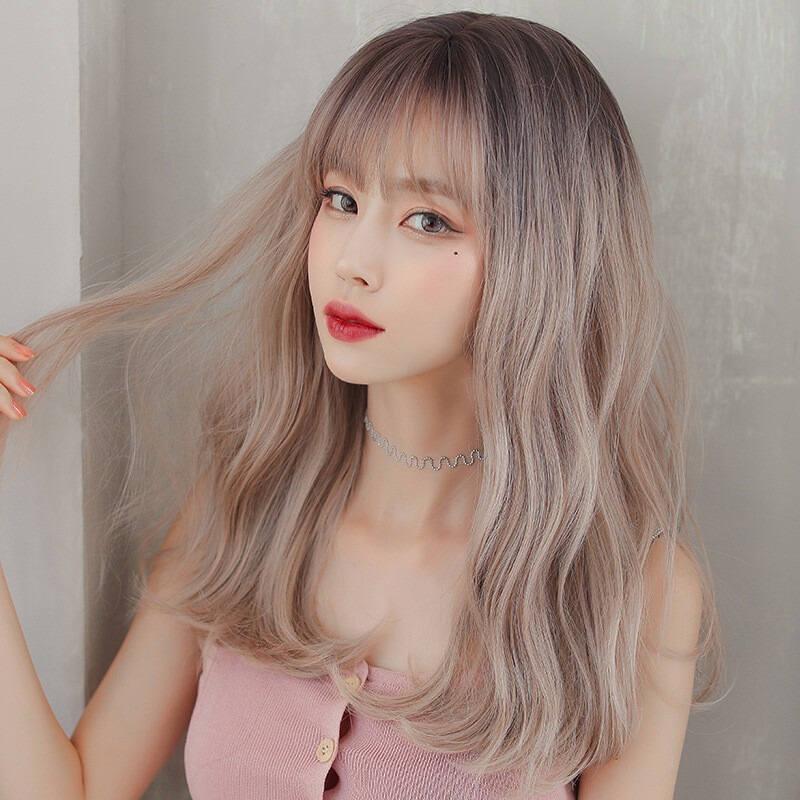 Korean Medium-Length Long Curly Wavy Wig with Bangs, Natural Heat-Resistant Wigs