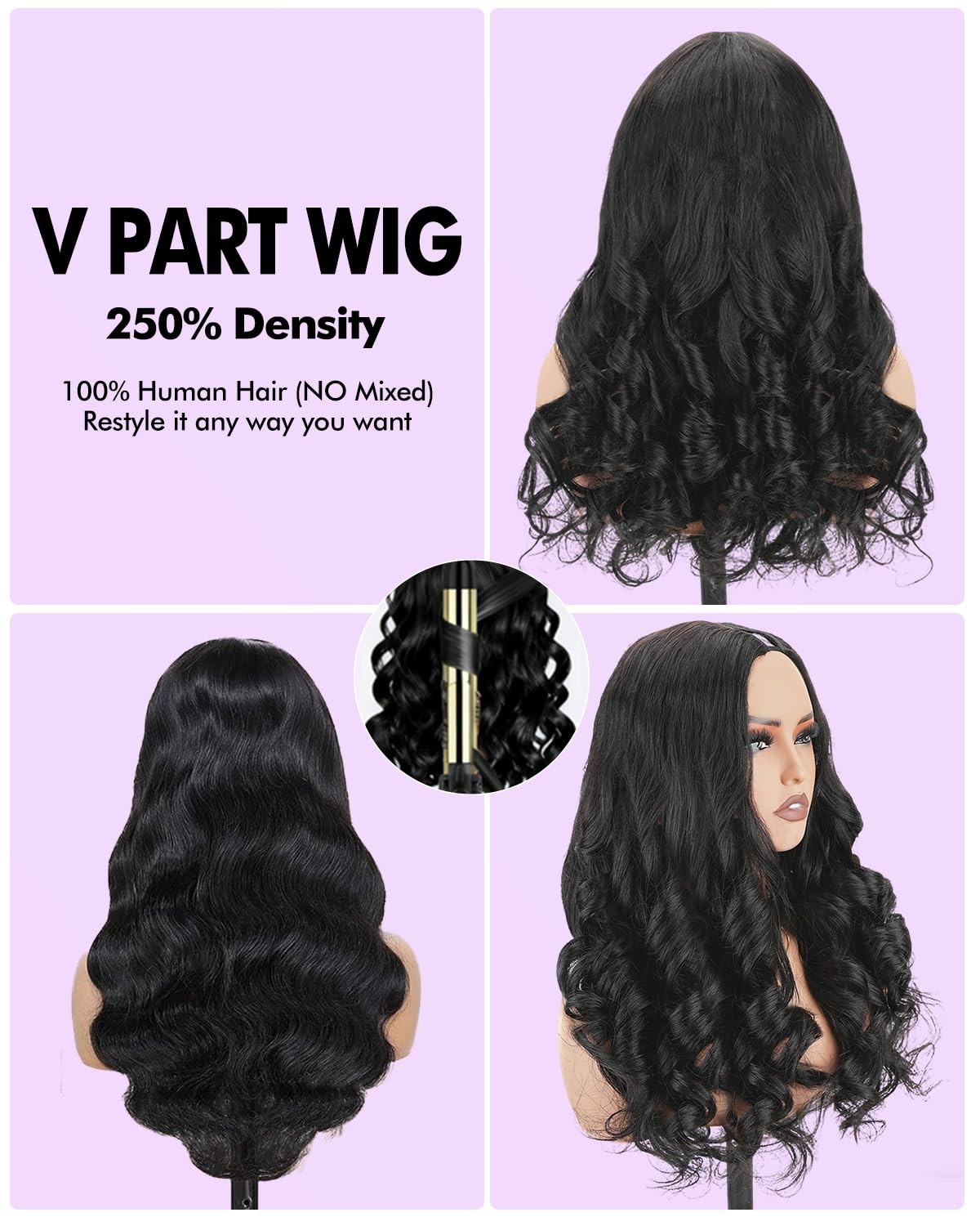 250% Density Body Wave V Part Human Hair Wig – Glueless Clip-In Half Wig, 20 Inc