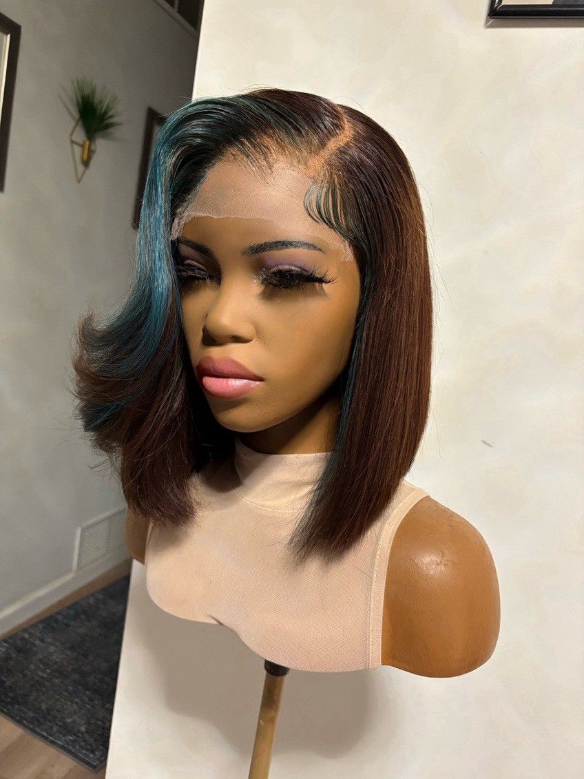 Women’s Straight Hair Wig Dark Brown with Blue Highlights Straight Texture