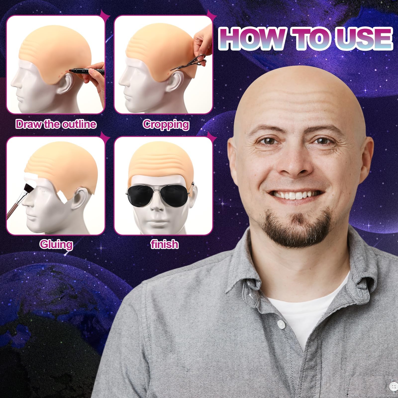 Mepase 18 Pcs Bald Caps Glasses Nylon Makeup Latex Bald Head Wig Cap For Men
