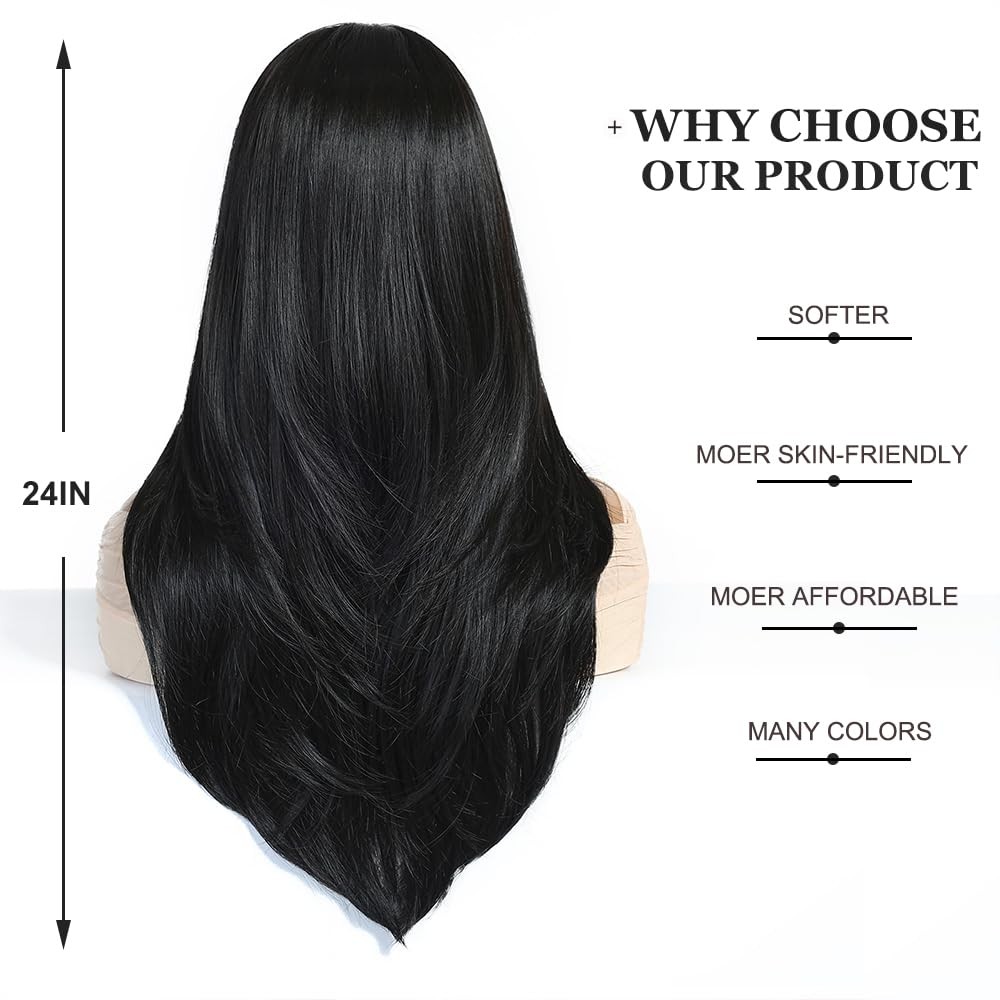Long Straight Black Brown Wigs for Women with Fringe Natural Synthetic Hair W…