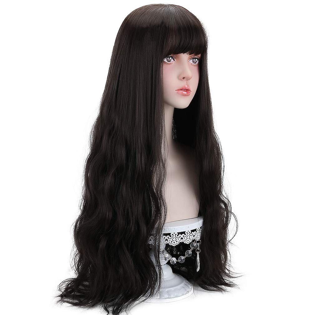 Long Black Synthetic Wig with Bangs – Natural Long Wavy Cosply Wigs for Women…