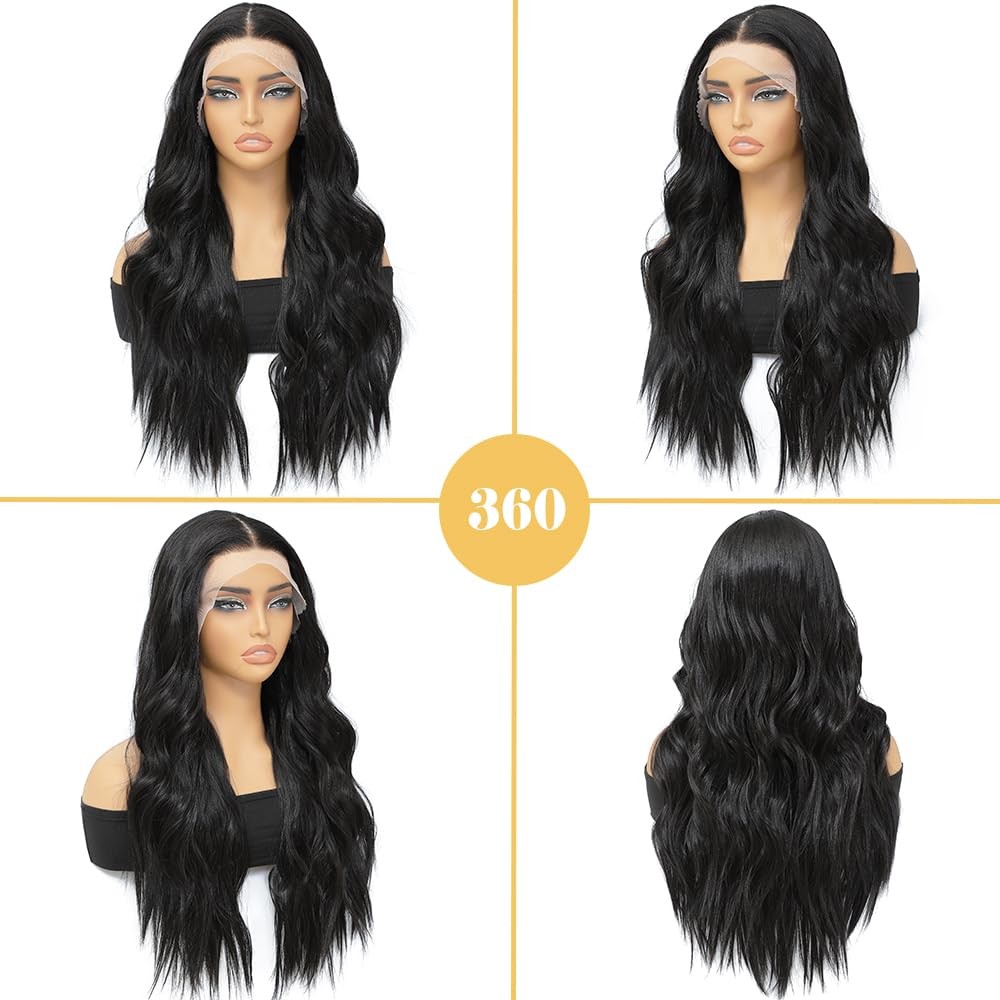 Synthetic Lace Front Wig 26 Inch Black Wig for Women 13x4x1 T-Part Long Wavy …