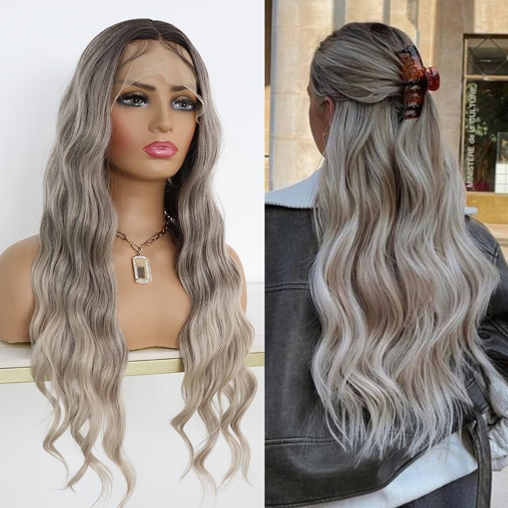 LACE FRONT WIG HUMAN HAIR BLENDED BODYWAVE OMBRE GREY