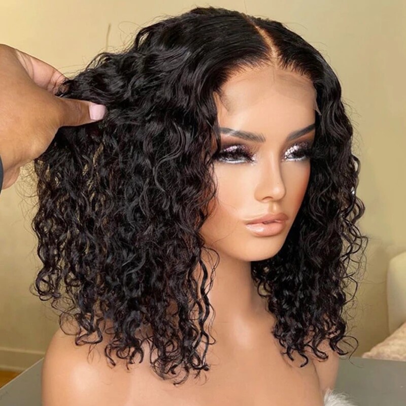 Short Bob Wig Water Wave 4×4 Human Hair Wigs Lace Closure Wigs Natural Black