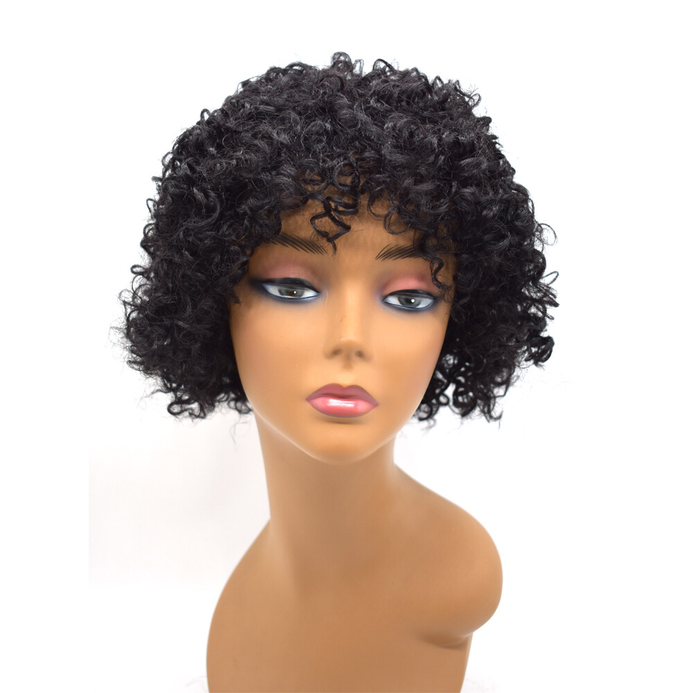 Afro Kinky Curly Short Soft Human Hair Women Wig with Bangs Natural Brazilian US
