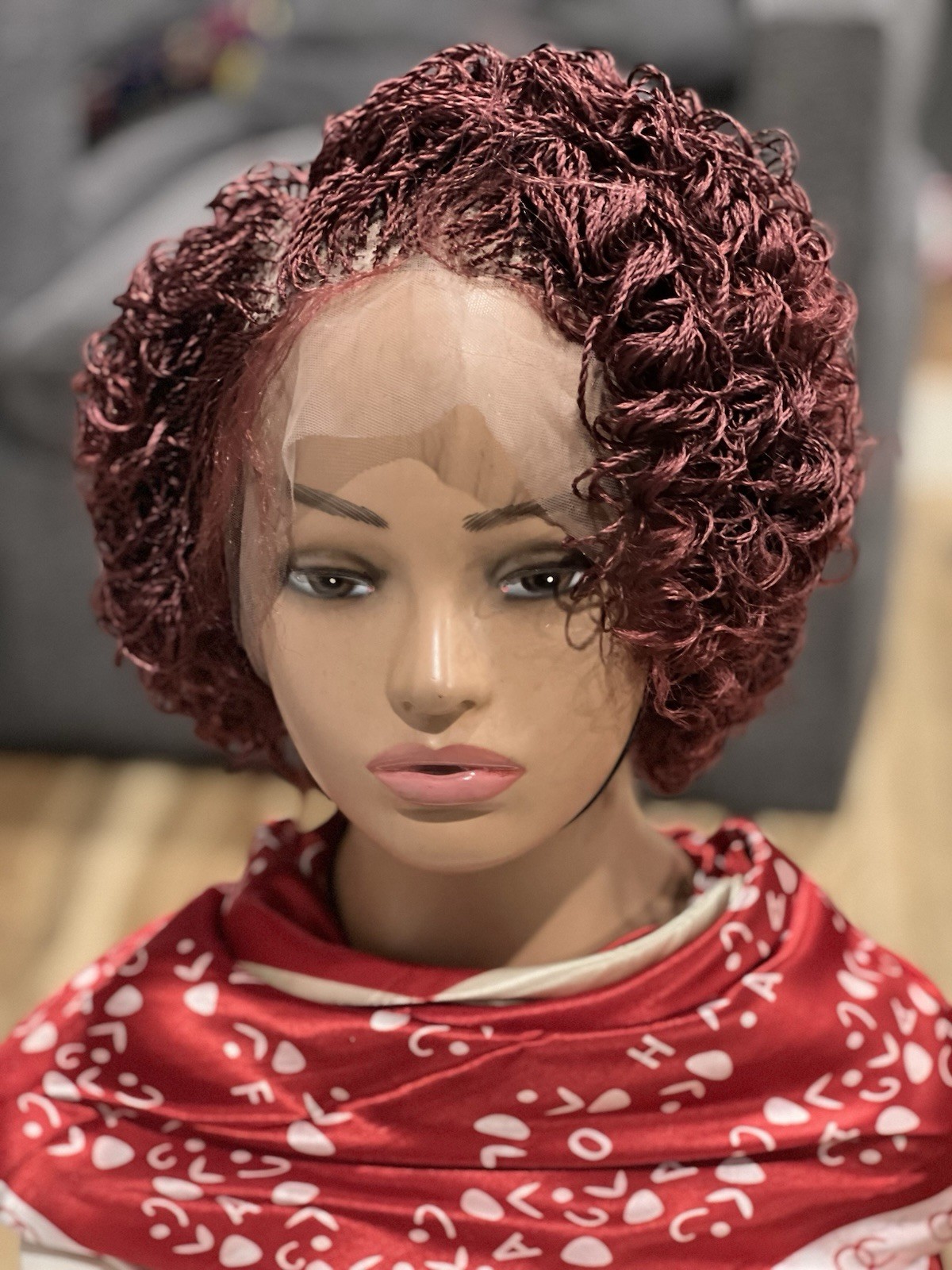 Braided micro twist Curly Burgundy Wig. made on a full lace wig.READY TO SHIP.