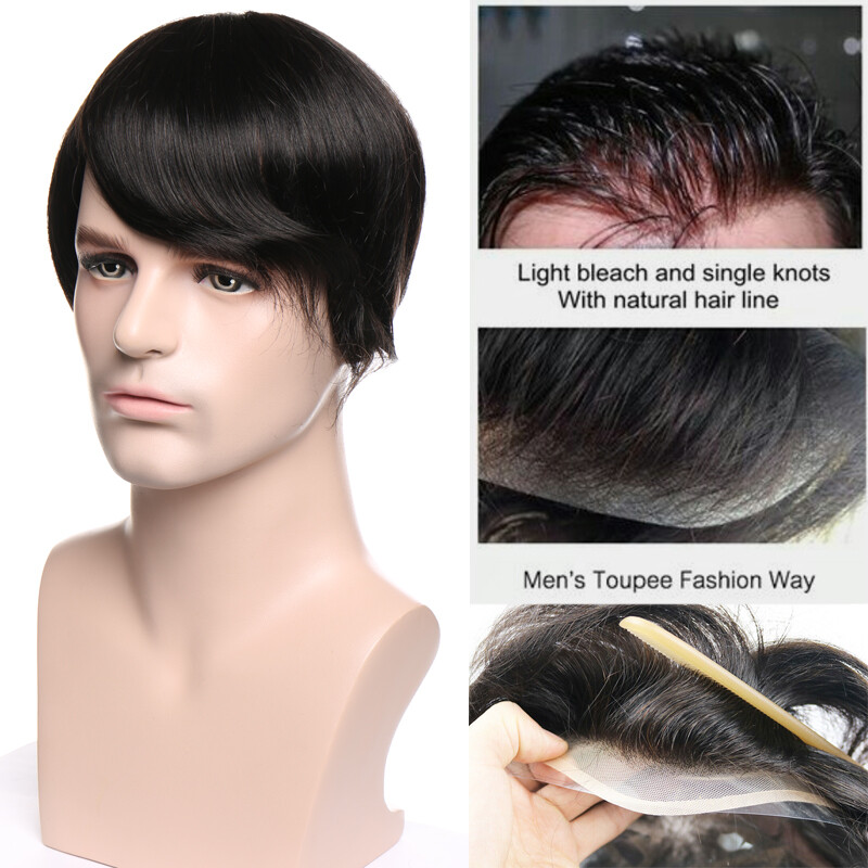 Toupee Men Hair System Full Poly Skin PU Human Hair Replacement Hairpiece Wig US