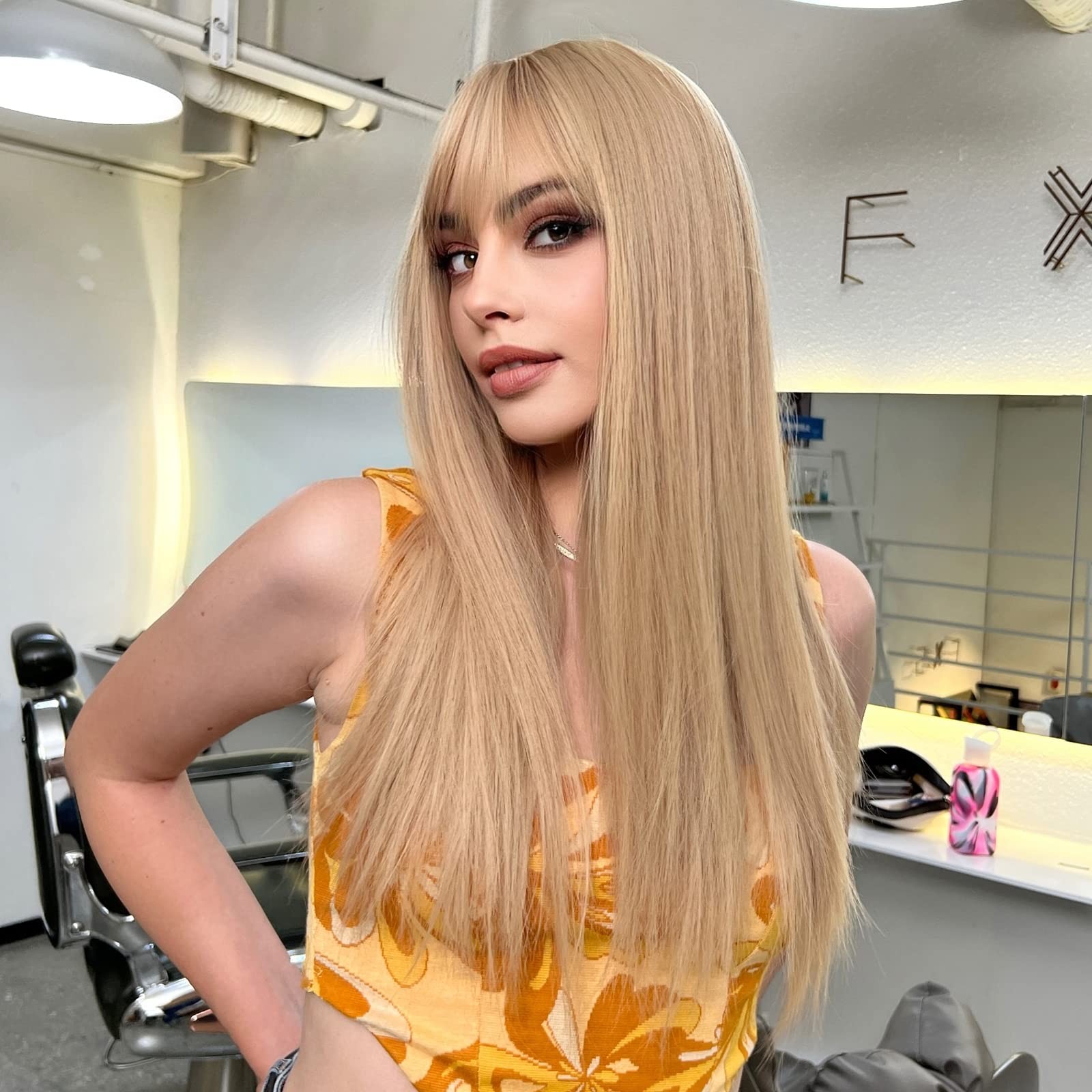 Light Blonde Wig With Bangs For Women Long Straight Wigs wig Synthetic For Gi…