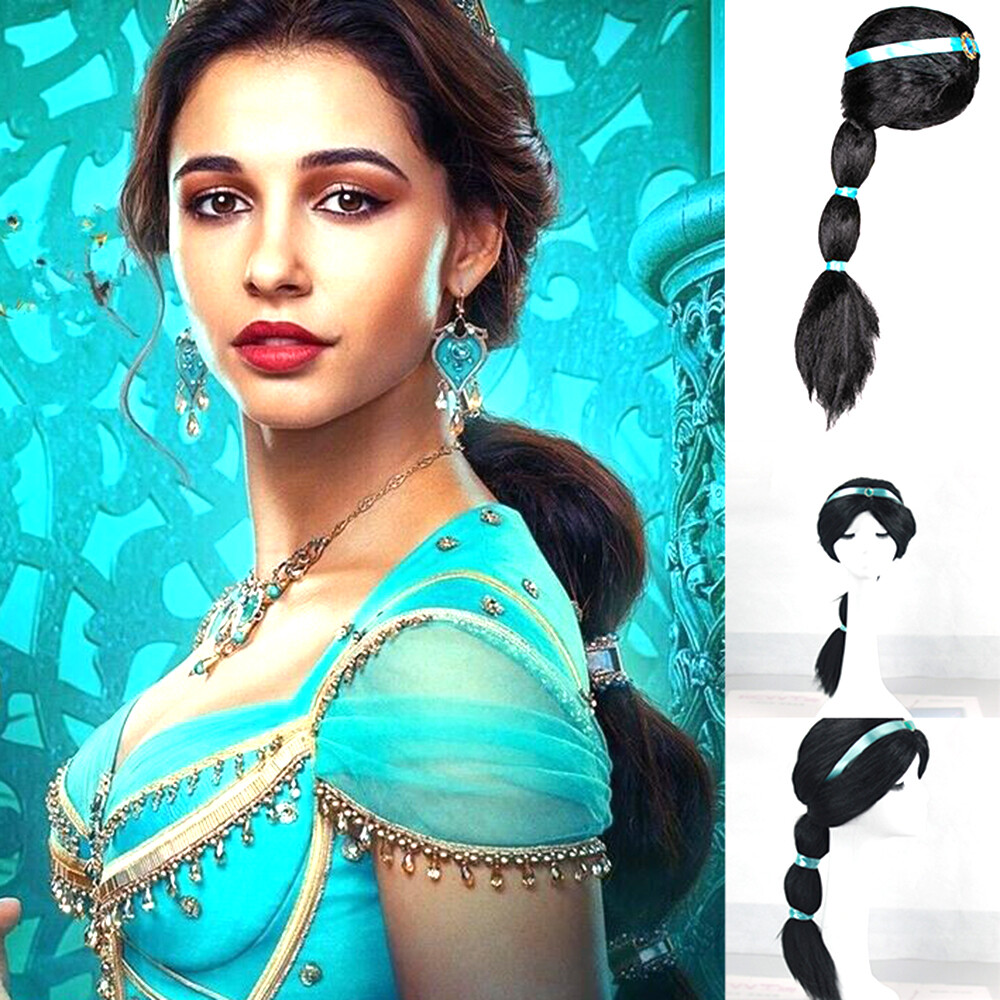Princess Jasmine Aladdin Cosplay Black Wigs w/Ribbon For Adult Halloween Costume