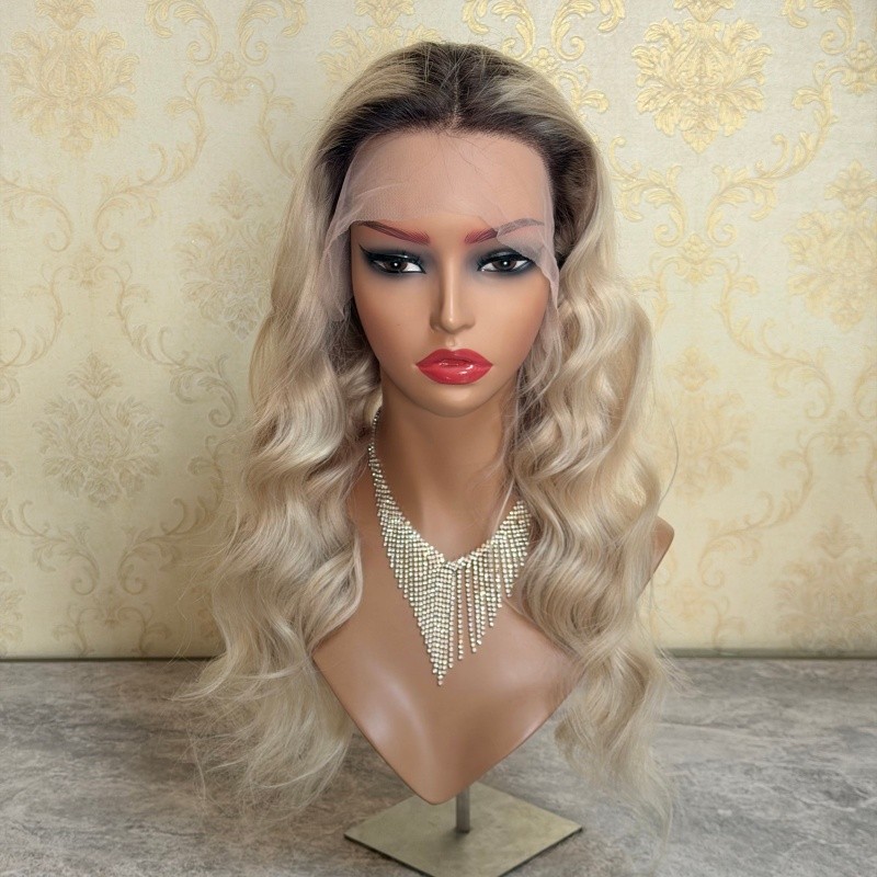 Ombre Platinum Blonde Wave Lace Front Wig Preplucked 100% Human Hair Wig