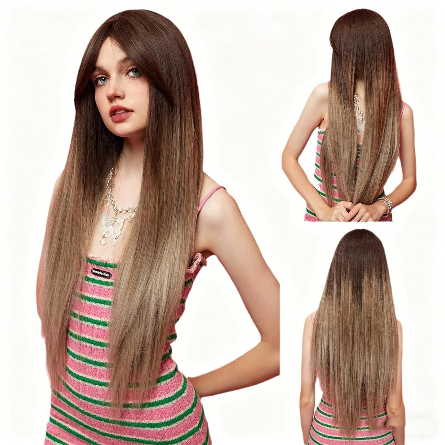 Long Wig with Bangs for Women Brown Blonde Highlight Synthetic Wig Medium Length