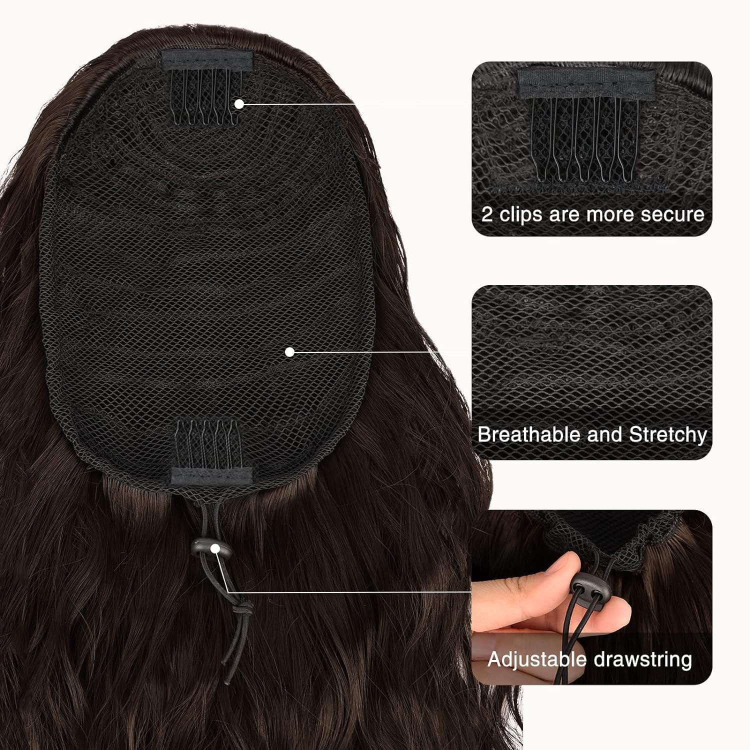 Curly Wavy Ponytail Extension 26 Inch Drawstring Black 1B – Lightweight Natural