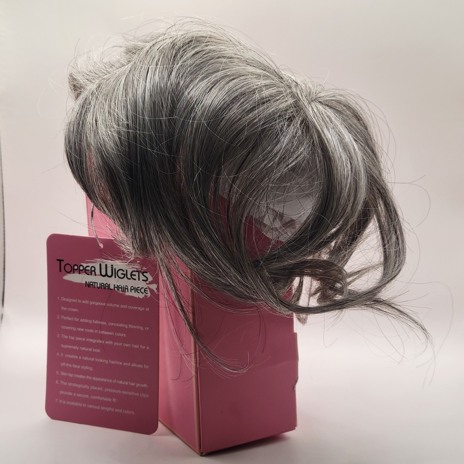 Hair Topper Natural Hair 5×6 Clip in Short Wiglet Gray Salt & Pepper Wavy Bangs