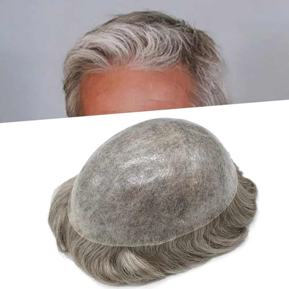 US Mens Toupee Human Hair Piece Full Poly Thin Skin Men Hair ReplacementSystems