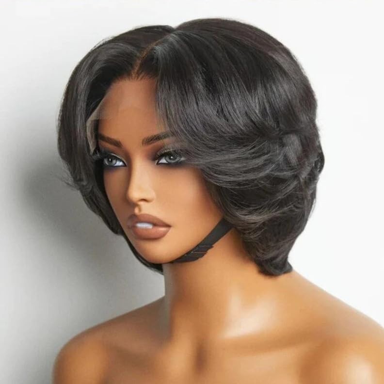 SisBroSis 4×4 Pixie Cut Human Hair Wig Lace Closure Middle Part 1B