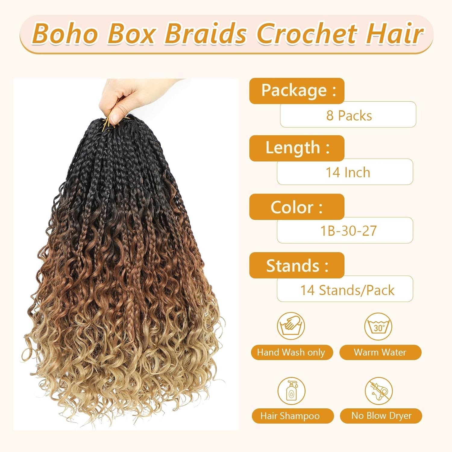 14-Inch Boho Crochet Box Braids – 8 Packs Tangle Free Hair Extensions, 1B/30/27