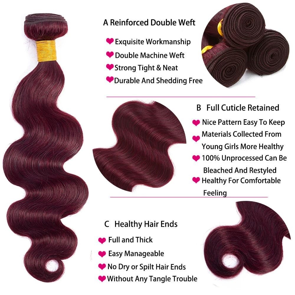 Niciitysi Color Wine Red Body Wave Bundles Color 99J Human Hair 16 18 20 Inch