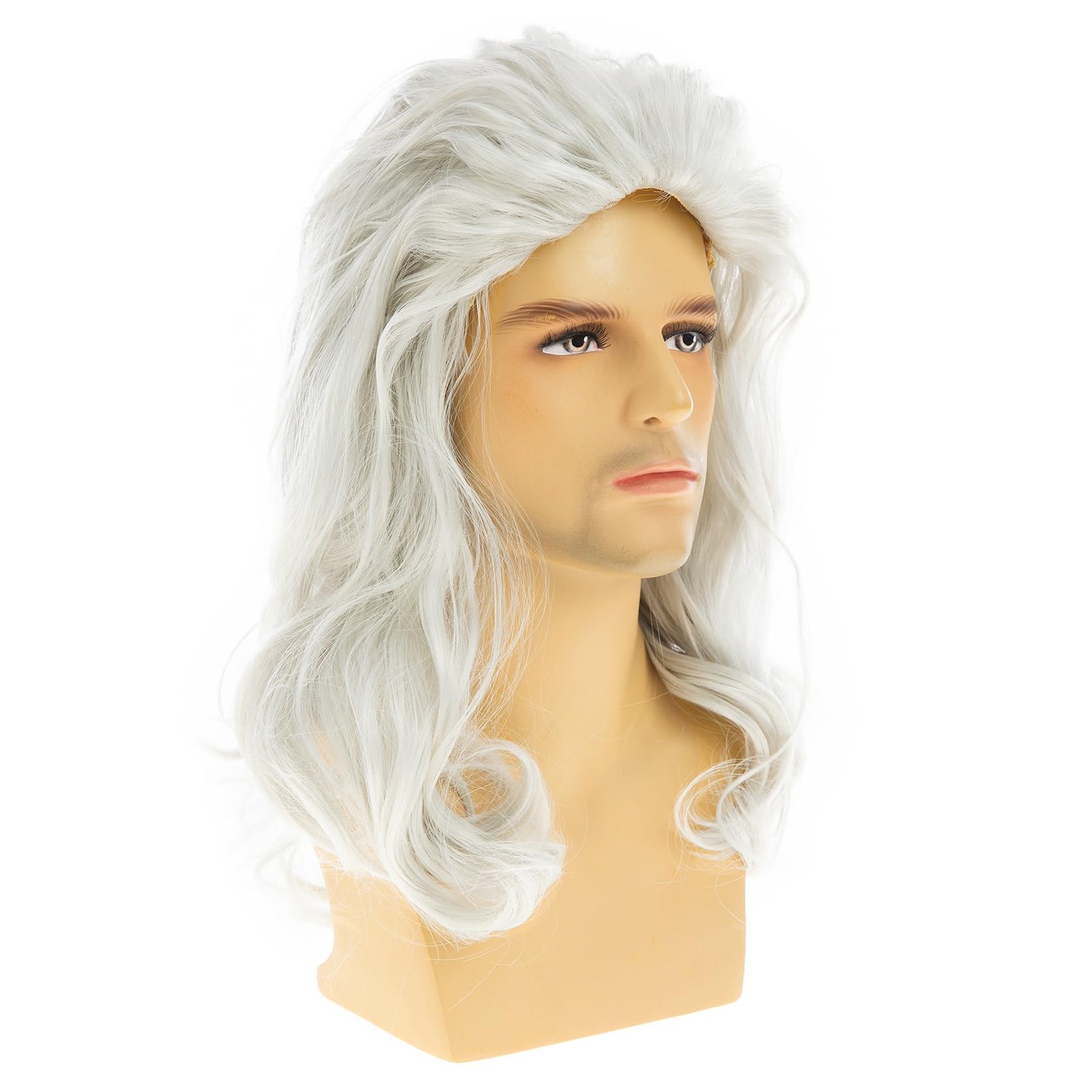 Long White Wigs for Men Synthetic Layered Wavy Cosplay Party Wig