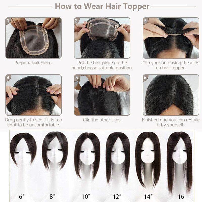 Top Silk Base 100% Remy Human Hair Topper Toupee Top Hairpiece Clip In Bangs Wig