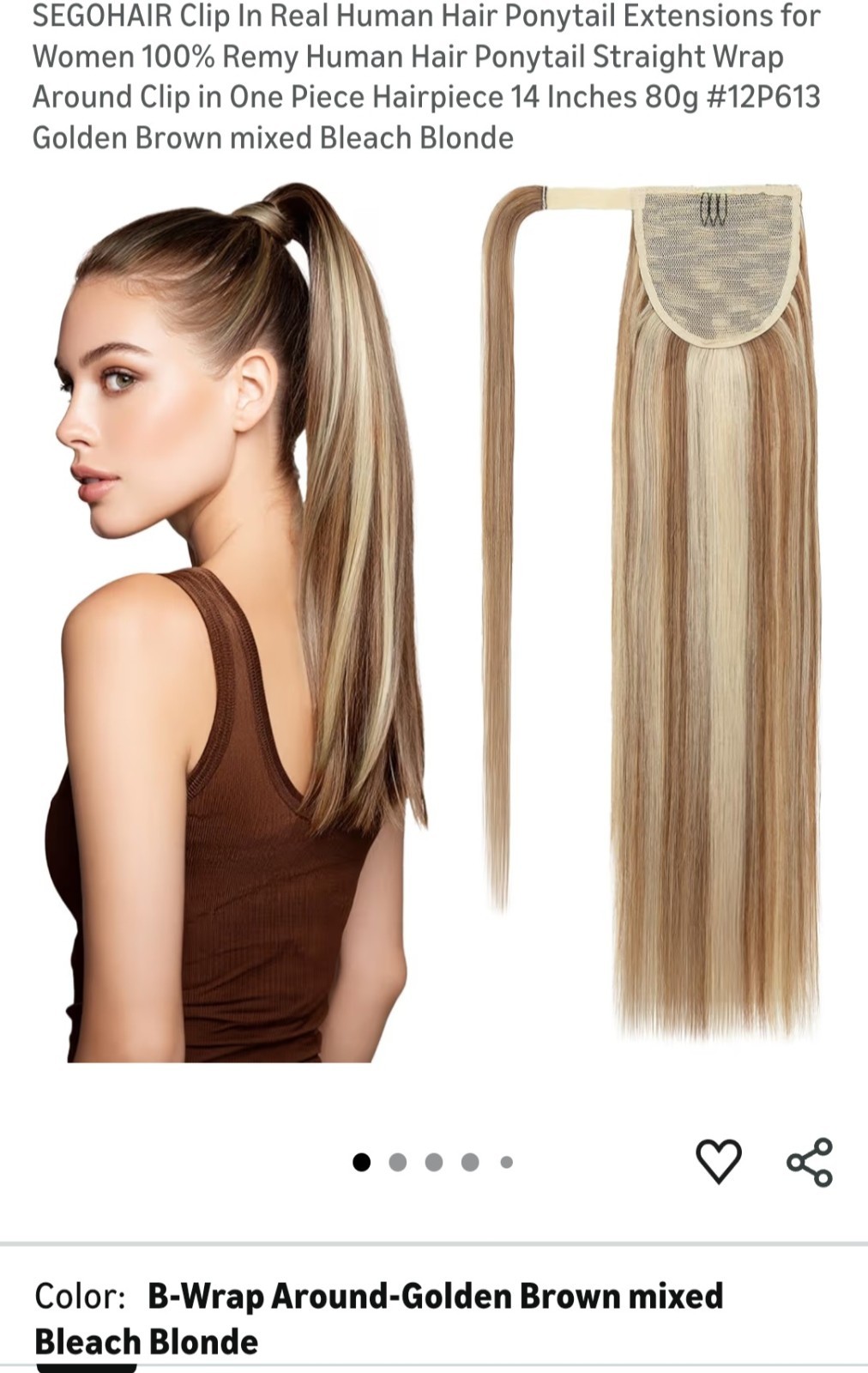 Sego Ponytail Extension Human Hair Clip/ 14 In. 80g. Golden Brown & Bleach Blond