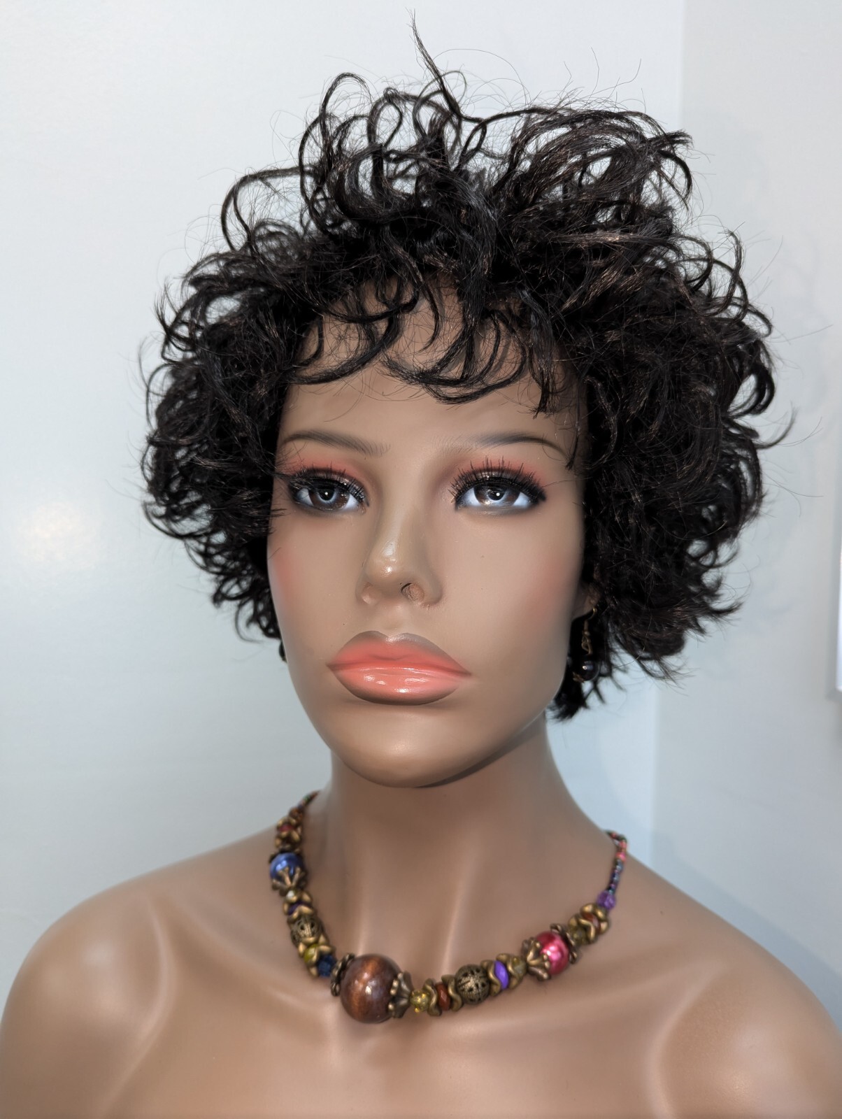 Short Trendy Synthetic Cringle Wavy Color 1B Off Black With Bangs Wig