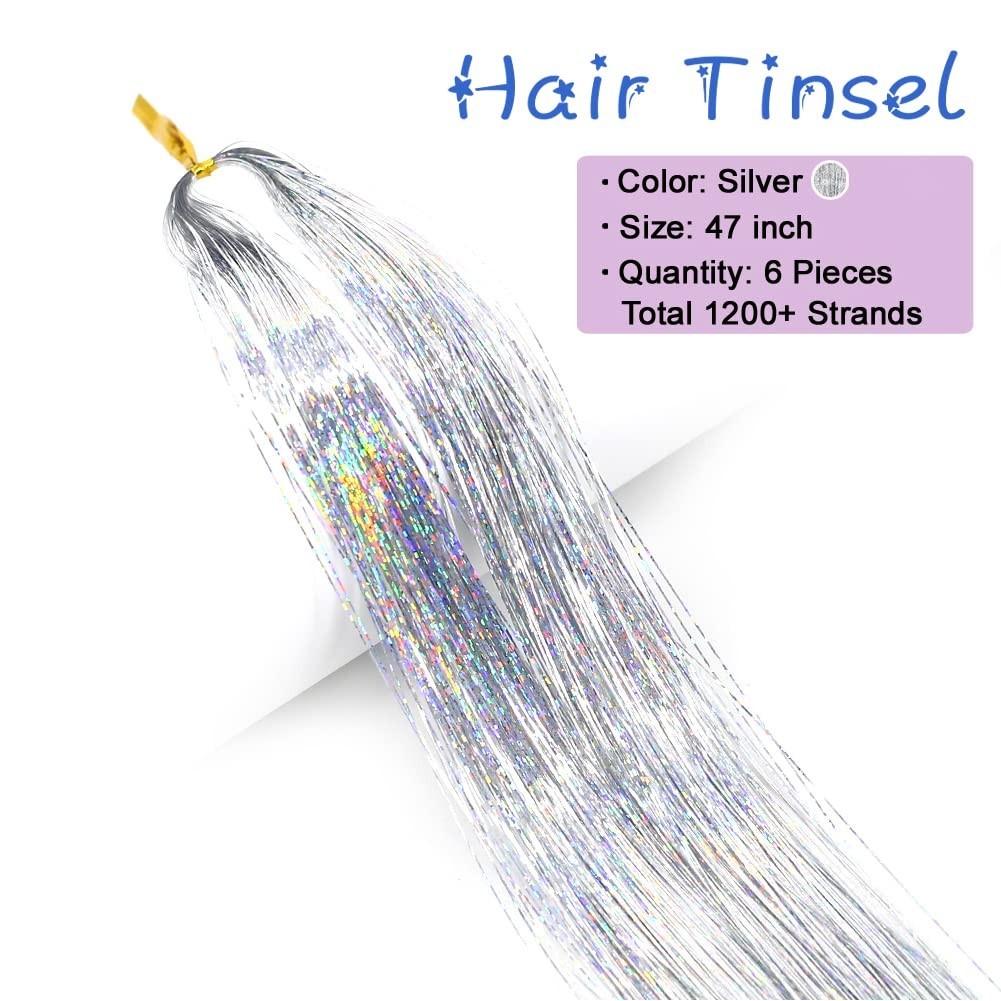 70s Inspired Sparkling Silver Hair Tinsel Kit – 1200 Strands for Fun Hair Styles