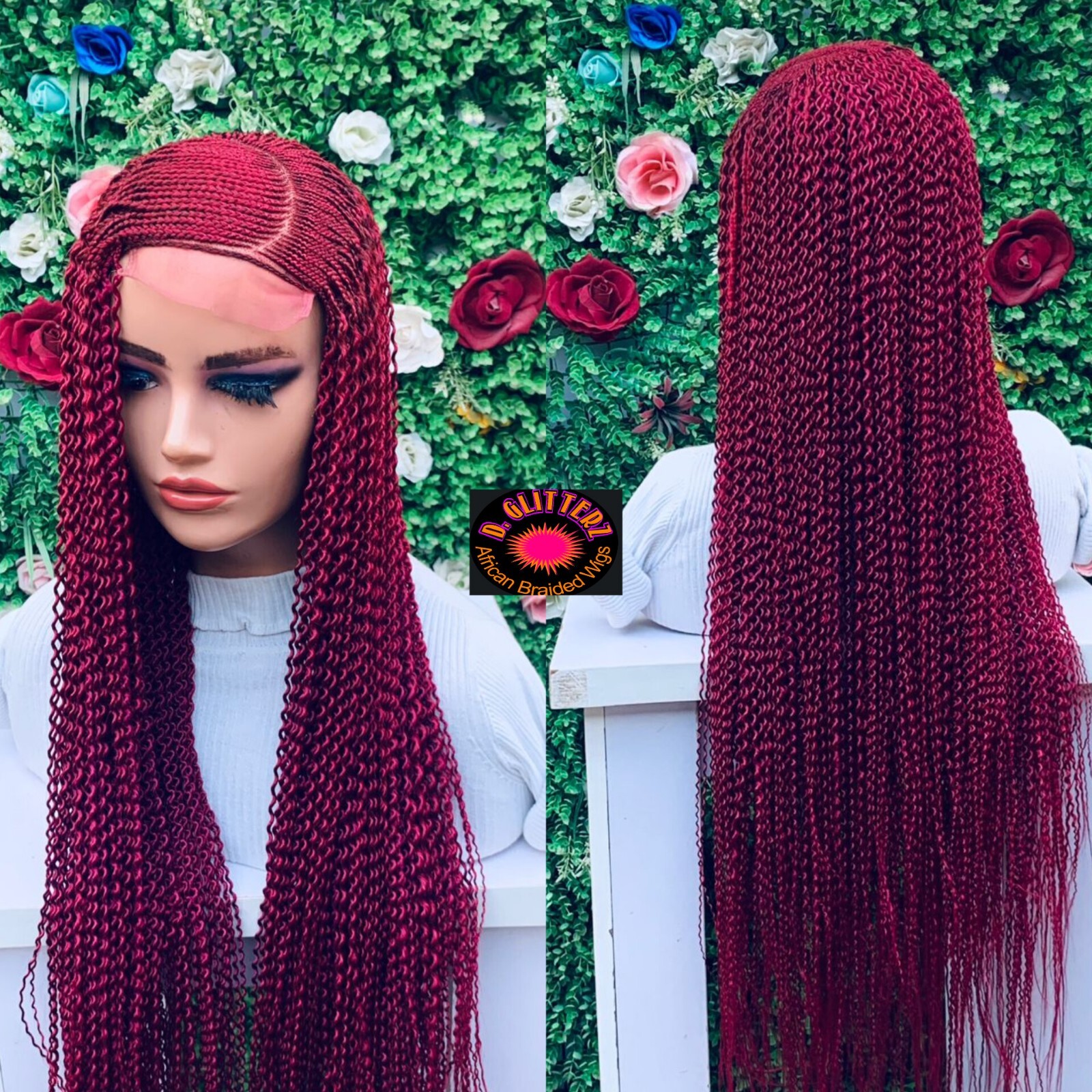 WATERMELON BRAIDED WIG. Gold Blue Burgundy 40″