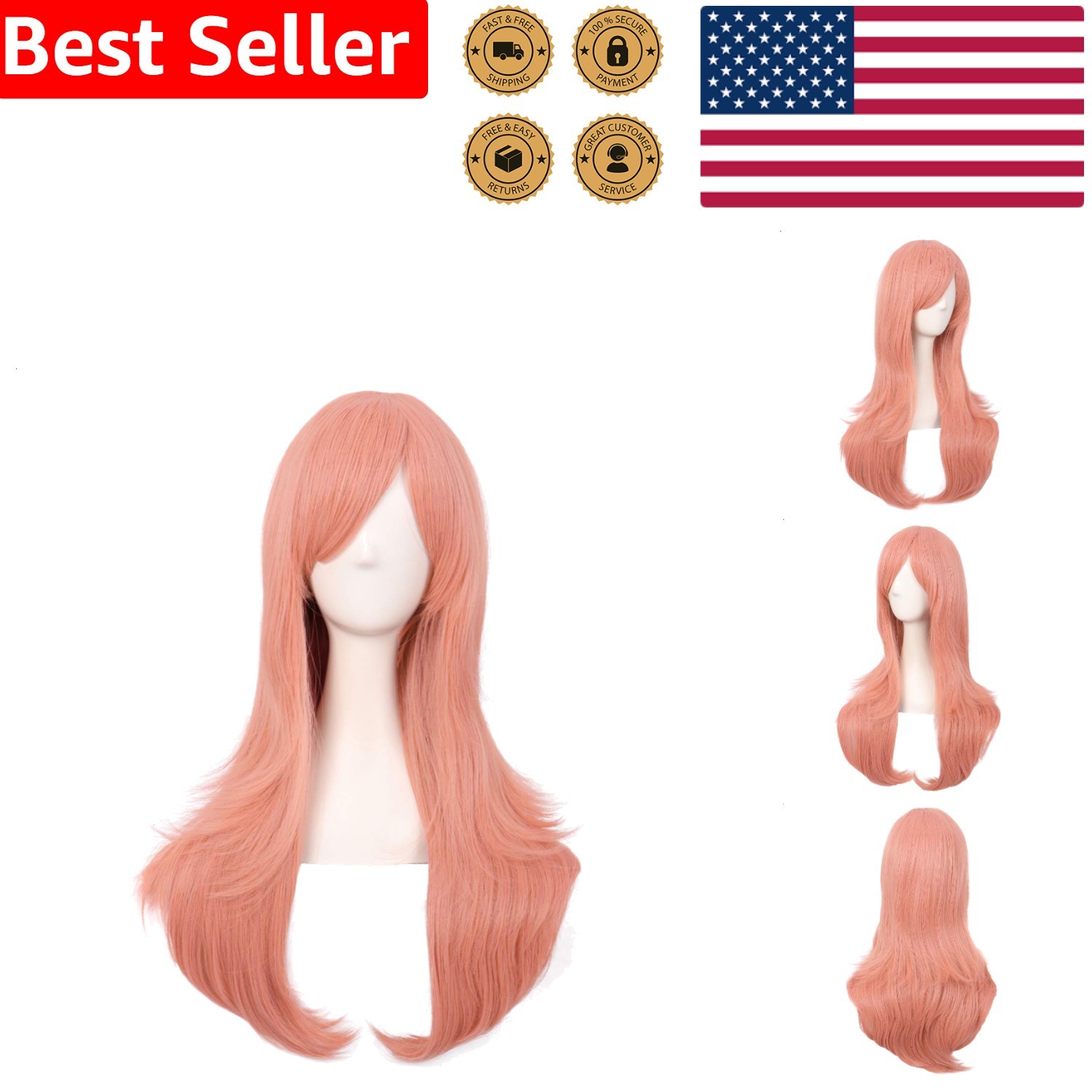 28 Inch Orange Pink Curly Cosplay Wig Women Side Bangs Long Synthetic