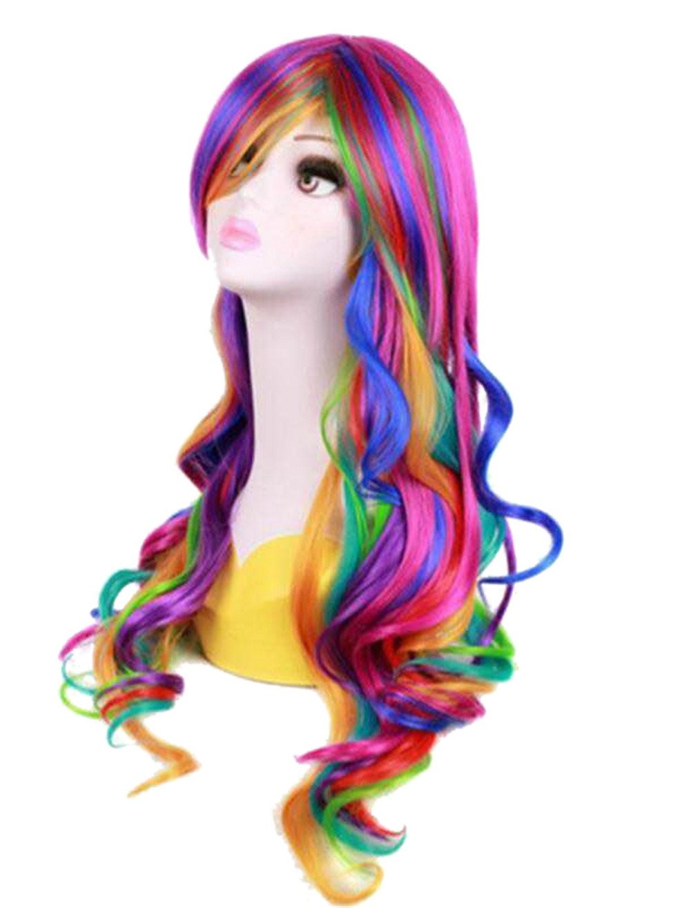 Women Long 27.56”/70cm Rainbow Curly Wig, Colorful Wavy Cosplay Heat Resista…