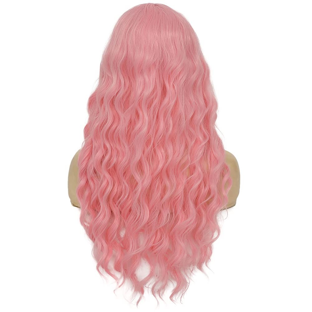 Pink Curly Long Wigs for Women Wavy Wig Middle Parting Hair Natural Looking S…