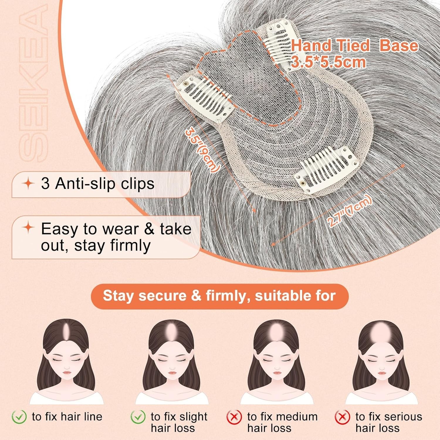 Gray Mixed Black 100% Real Human Hair 10in Clip In Wispy Bangs Hair Topper