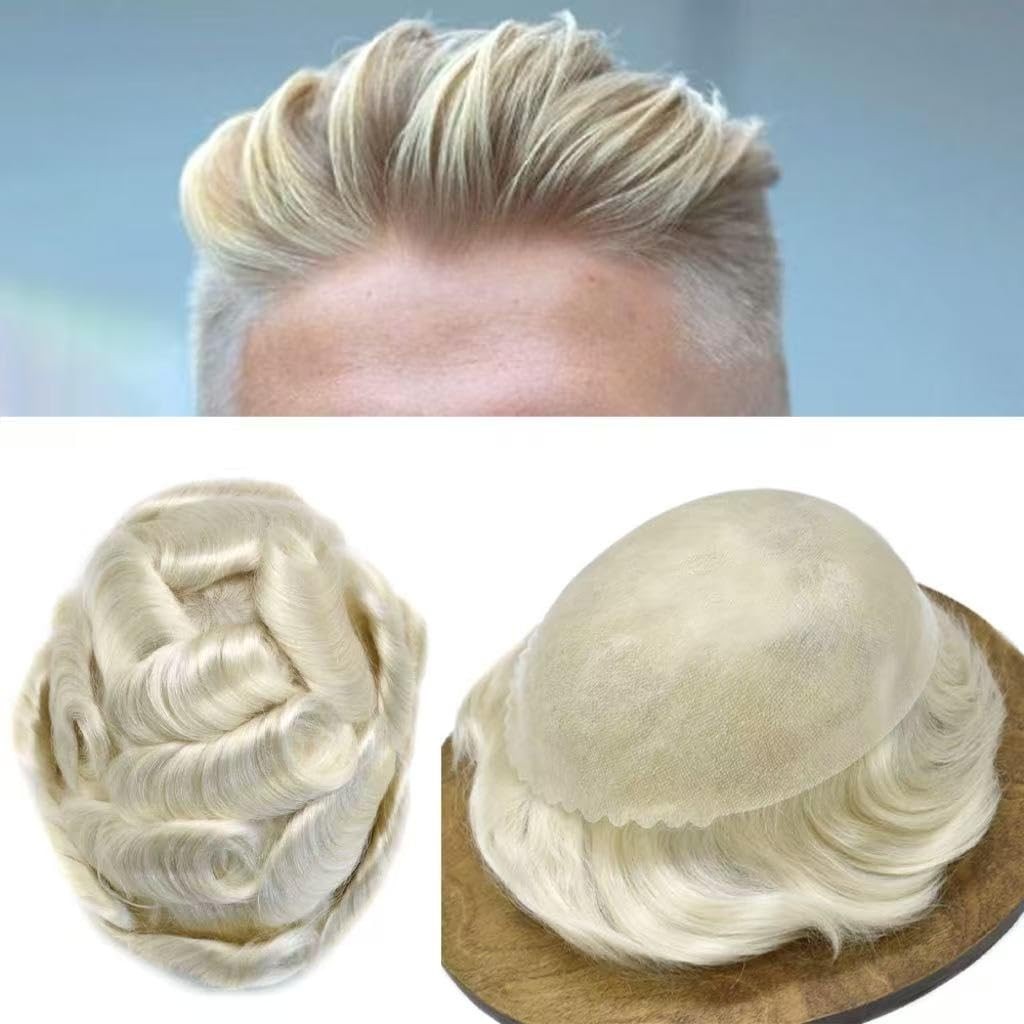 Mens Toupee HumanHair Systems Full Poly Thin Skin HairPiece Replacement SystemUS