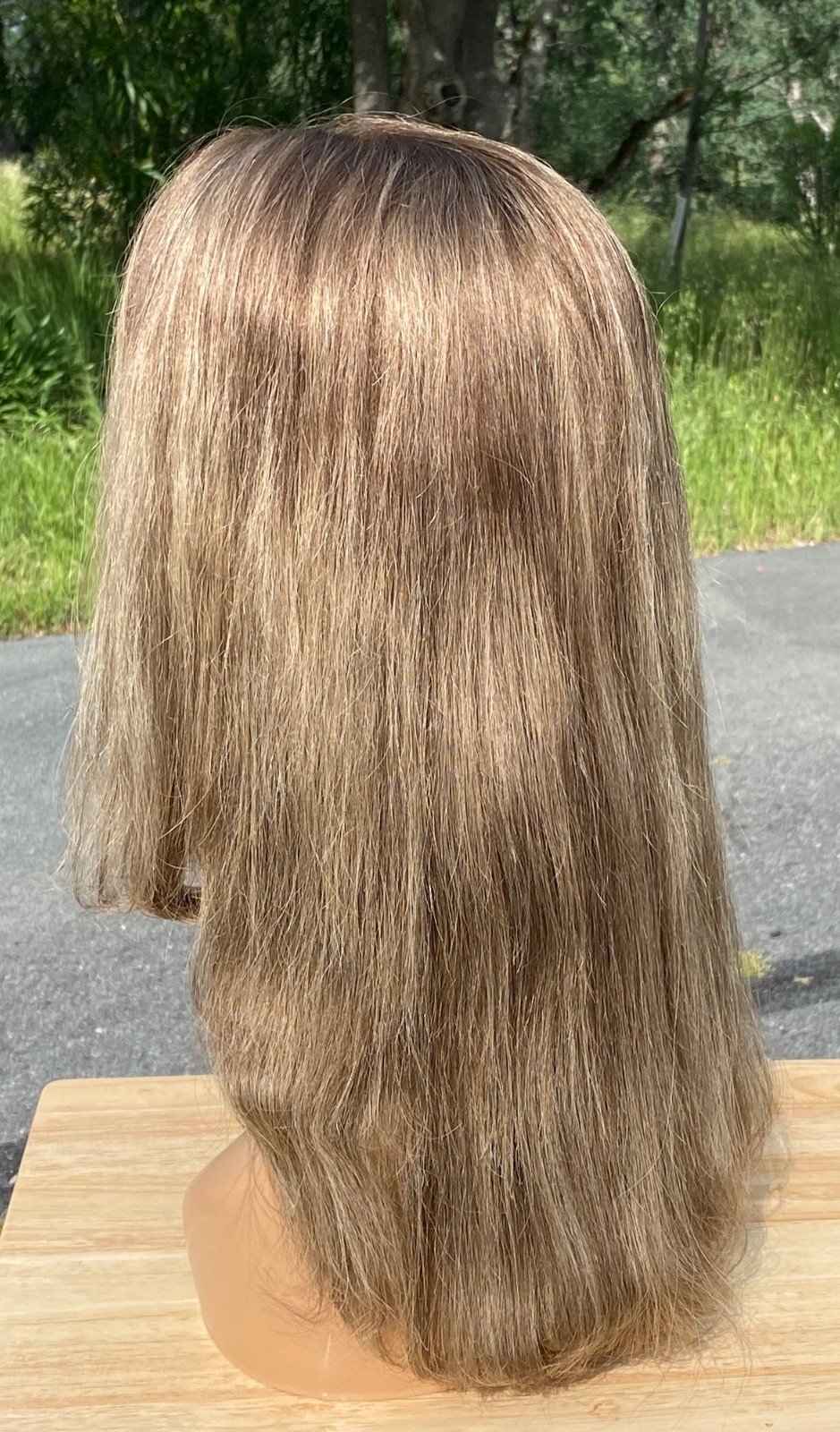 PREOWNED WIGSHE CUSTOM COLOR BROWN BLONDE HUMAN HAIR WIG . SIZE SMALL