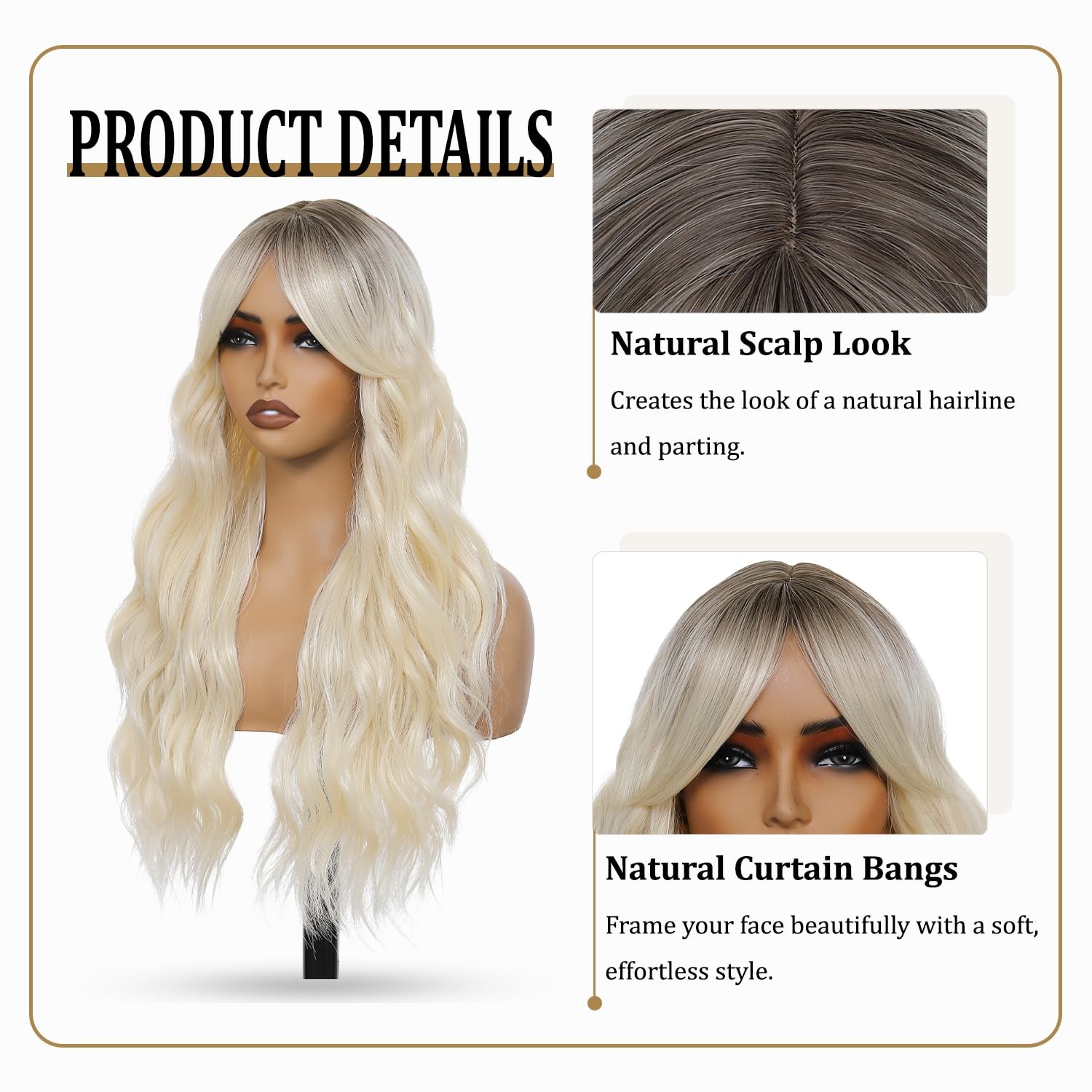 Long Wavy Ombre Blonde Wig with Curtain Bangs for Women 26 Inch Blonde With D…
