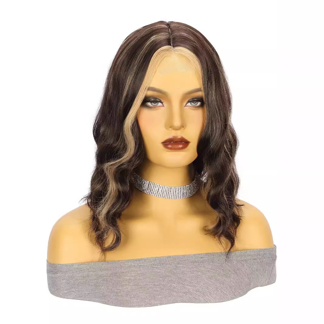 Brown Highlight Short Water Wave Curly Small Lace Synthetic Wig Heat Resistant